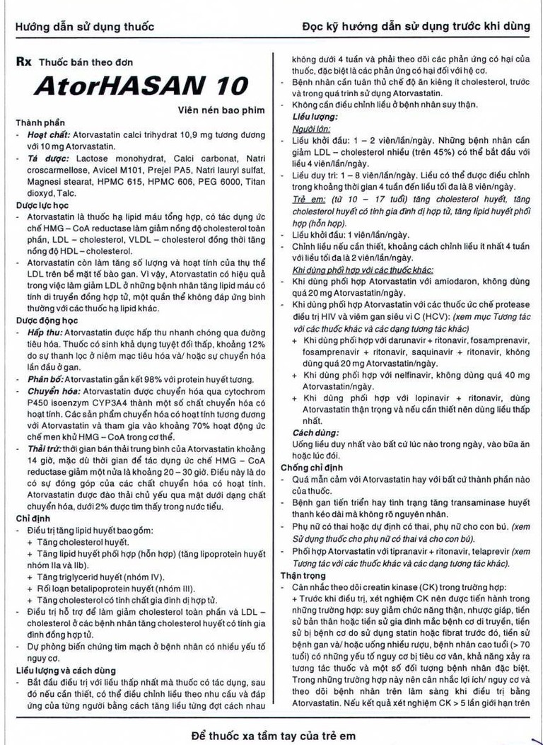 Thuốc AtorHasan 10mg Hasan điều trị tăng lipid huyết (3 vỉ x 10 viên)