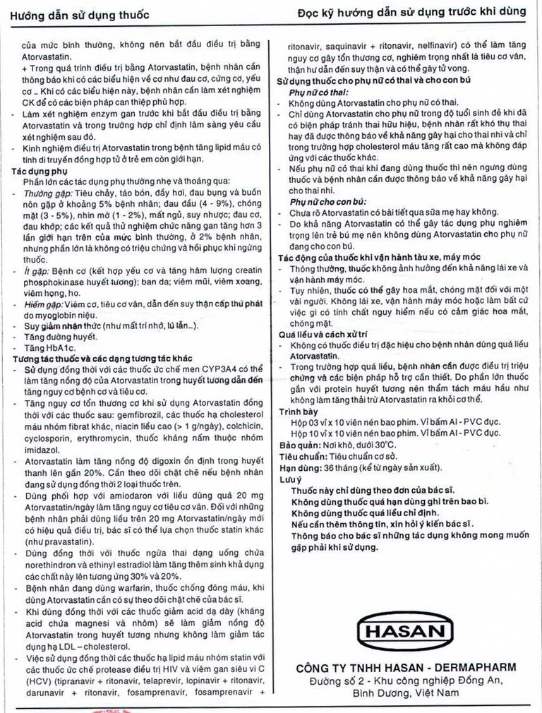 Thuốc AtorHasan 10mg Hasan điều trị tăng lipid huyết (3 vỉ x 10 viên)