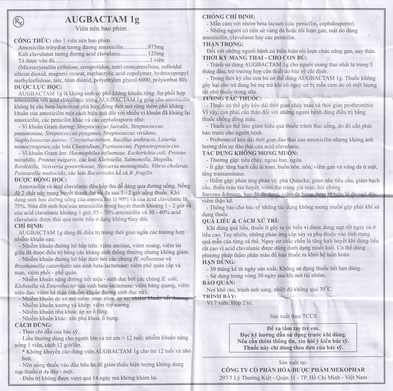 Thuốc Augbactam 1g Mekophar hỗ trợ điều trị nhiễm khuẩn đường hô hấp (2 vỉ x 7 viên)