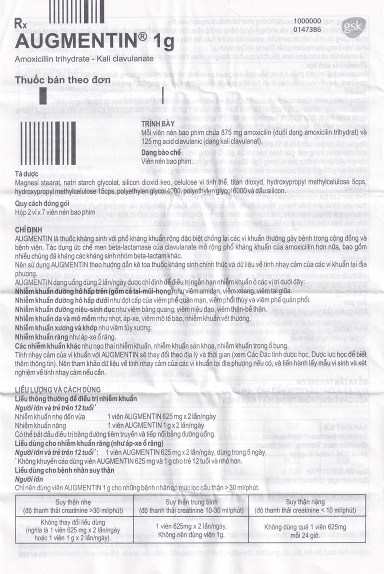 Thuốc Augmentin 1g GSK điều trị nhiễm khuẩn (2 vỉ x 7 viên)