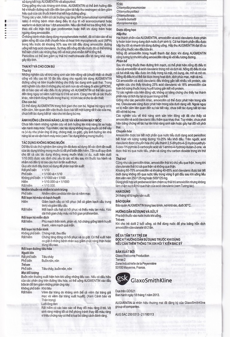 Bột Augmentin 250mg/31.25mg GSK điều trị nhiễm khuẩn (12 gói)