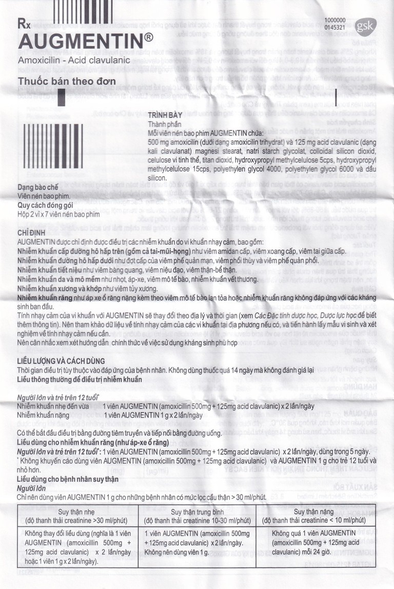 Thuốc Augmentin 625mg GSK điều trị nhiễm khuẩn (2 vỉ x 7 viên)