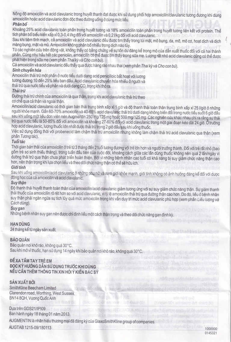 Thuốc Augmentin 625mg GSK điều trị nhiễm khuẩn (2 vỉ x 7 viên)