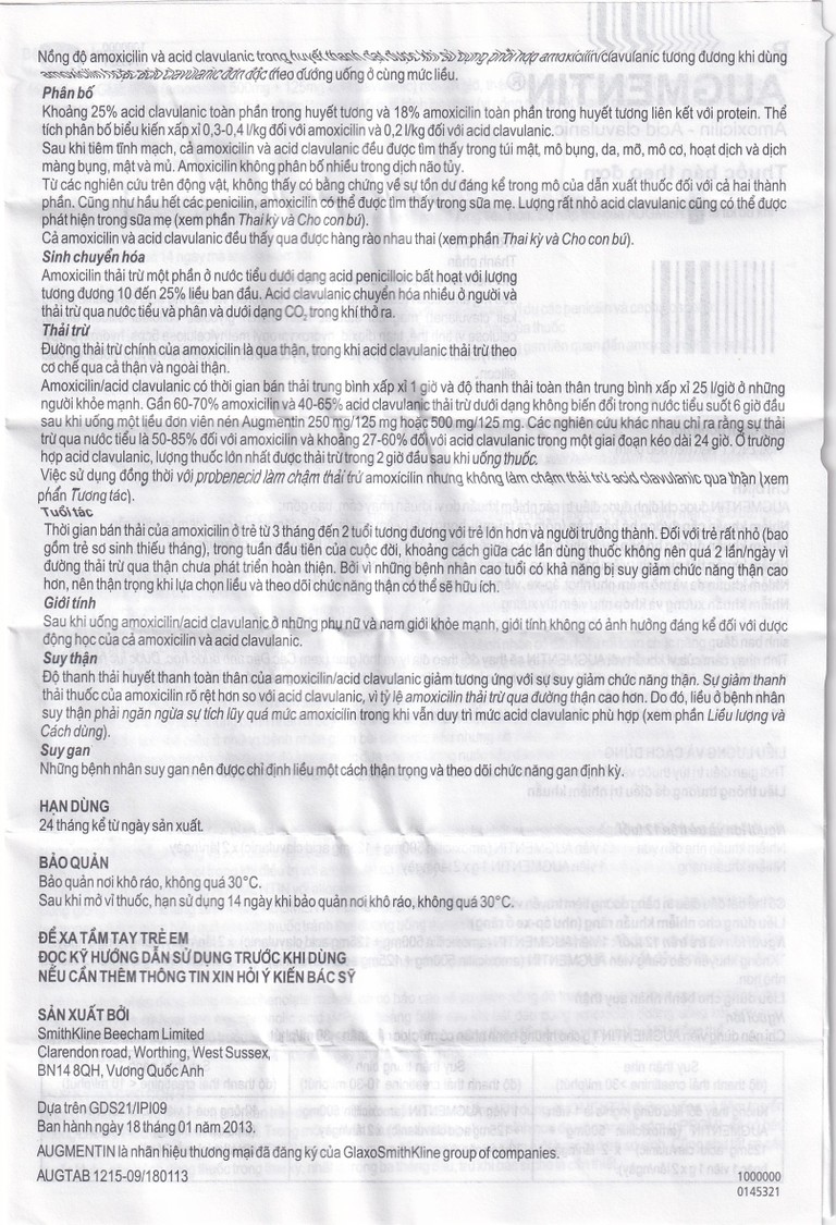 Thuốc Augmentin 625mg GSK điều trị nhiễm khuẩn (2 vỉ x 7 viên)