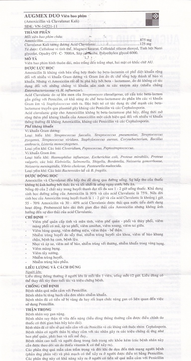 Thuốc Augmex Duo Korea United điều trị viêm phế quản, viêm bàng quang (2 vỉ x 10 viên) 