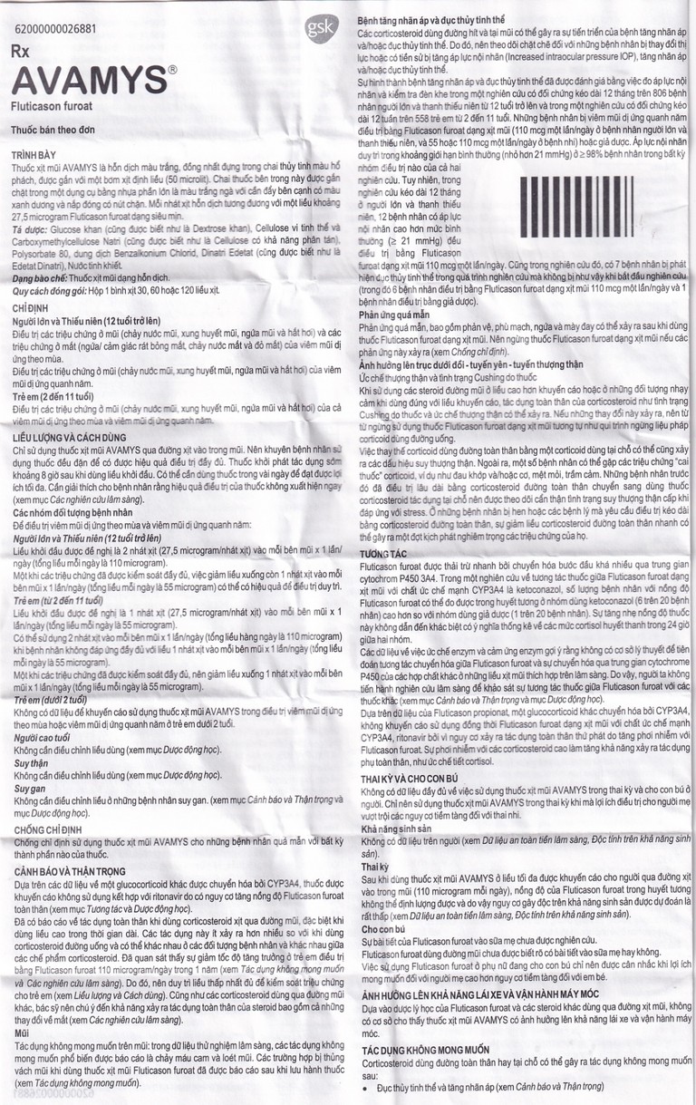 Thuốc xịt mũi Avamys 27.5mcg GSK điều trị chảy nước mũi, xung huyết mũi (120 liều xịt)