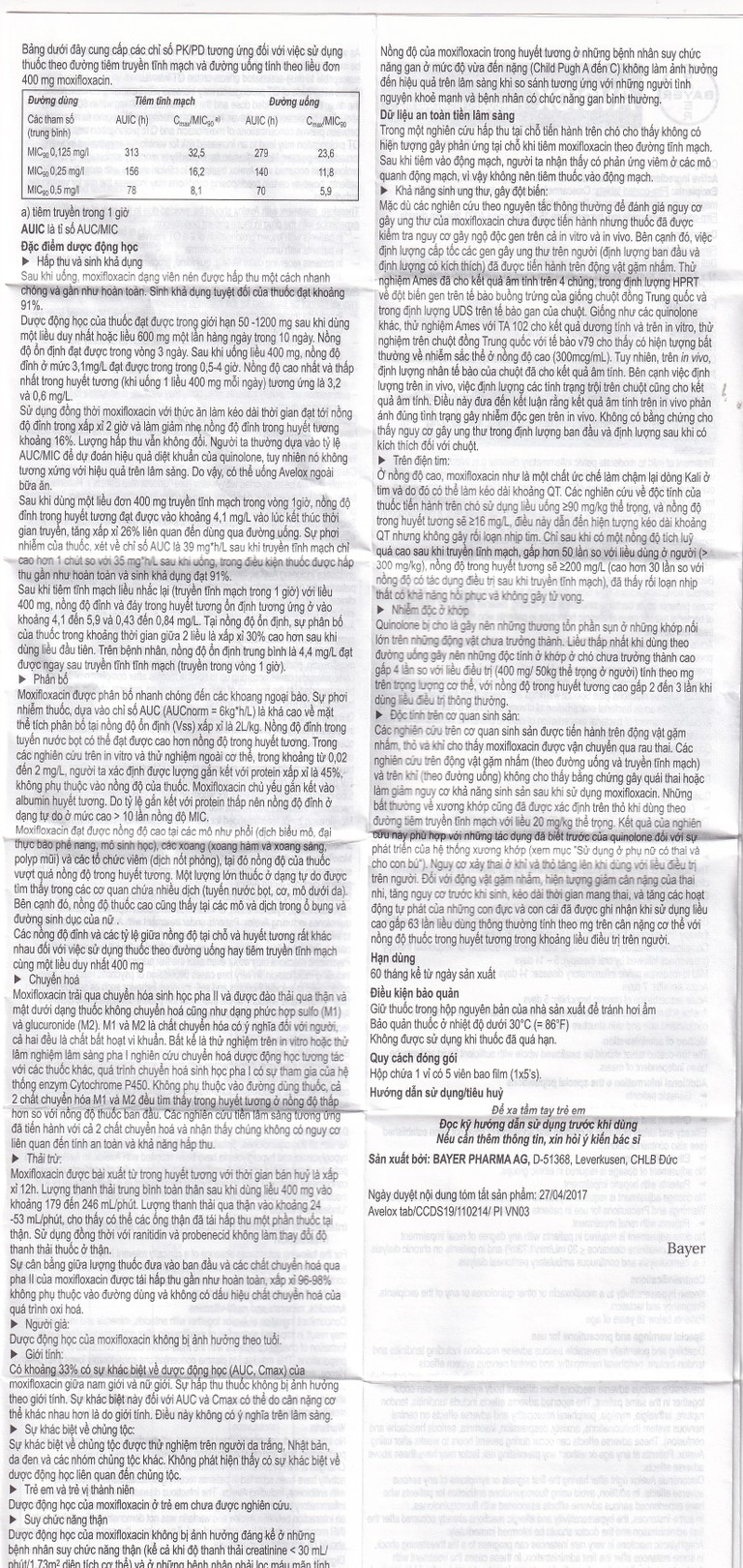 Thuốc Avelox 400mg Bayer điều trị nhiễm khuẩn (1 vỉ x 5 viên)