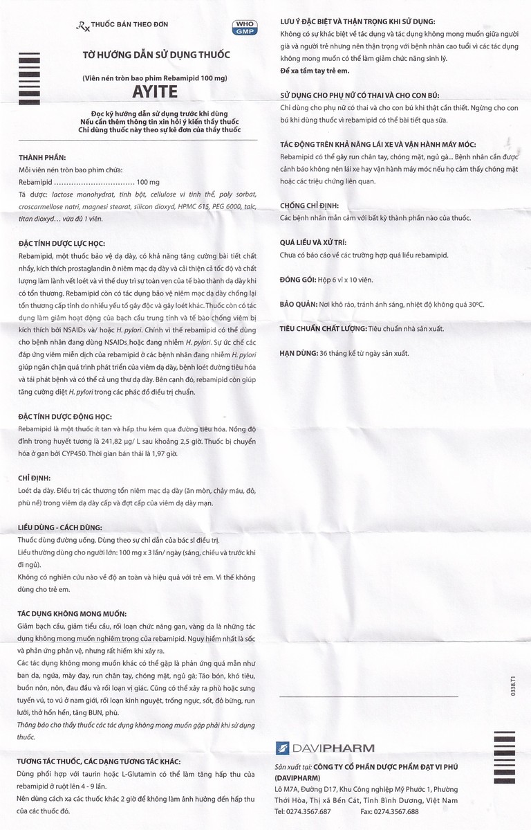 Thuốc Ayite 100mg Davipharm điều trị loét dạ dày (6 vỉ x 10 viên)