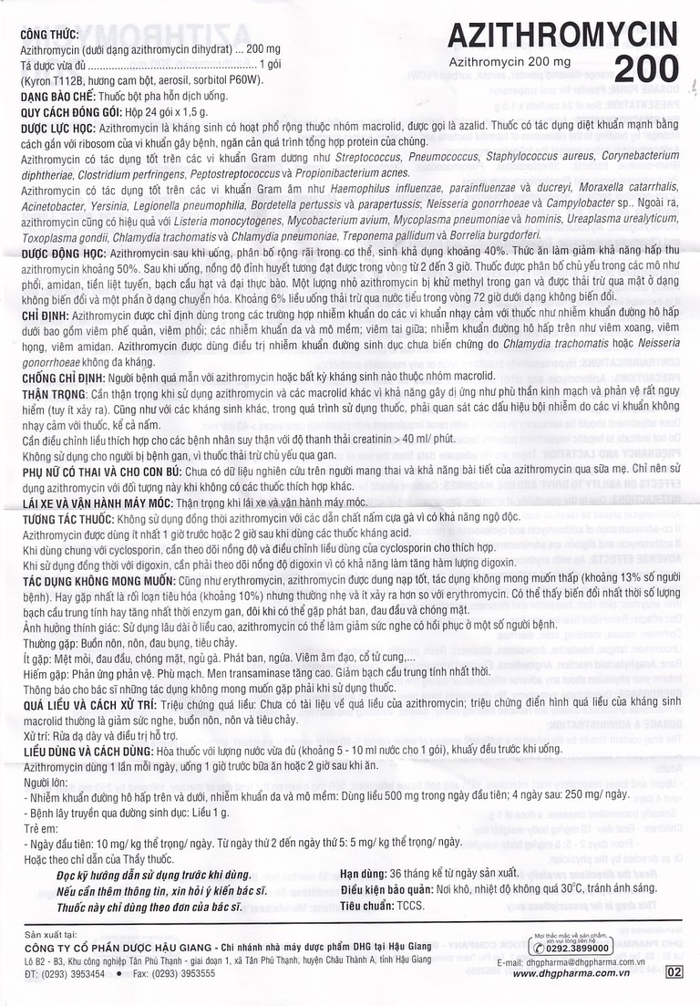 Bột Azithromycin 200 DHG điều trị nhiễm khuẩn (24 gói)