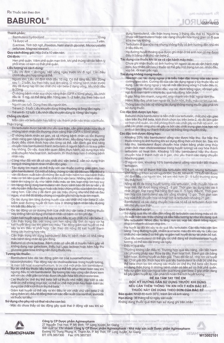 Thuốc Baburol Agimexpharm điều trị hen phế quản, viêm phế quản (3 vỉ x 10 viên)
