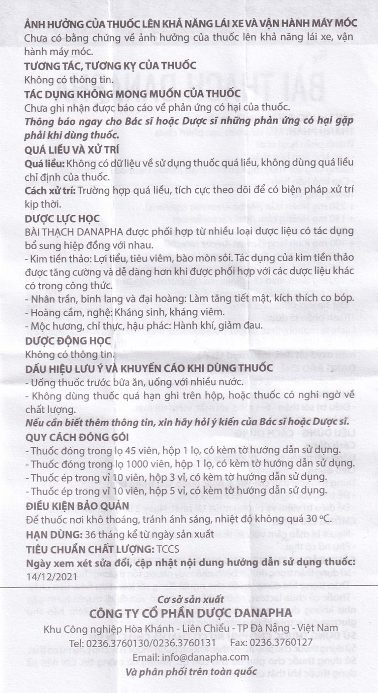 Thuốc Bài Thạch Danapha điều trị sỏi thận - tiết niệu, sỏi mật (45 viên)