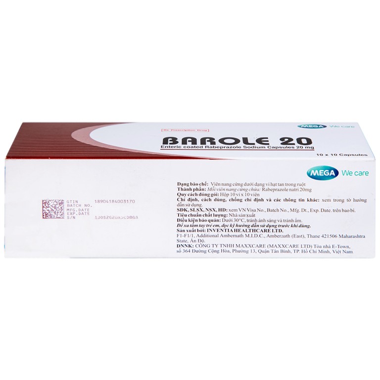 Thuốc Barole 20mg Mega Lifesciences điều trị viêm loét do trào ngược dạ dày - thực quản (10 vỉ x 10 viên)
