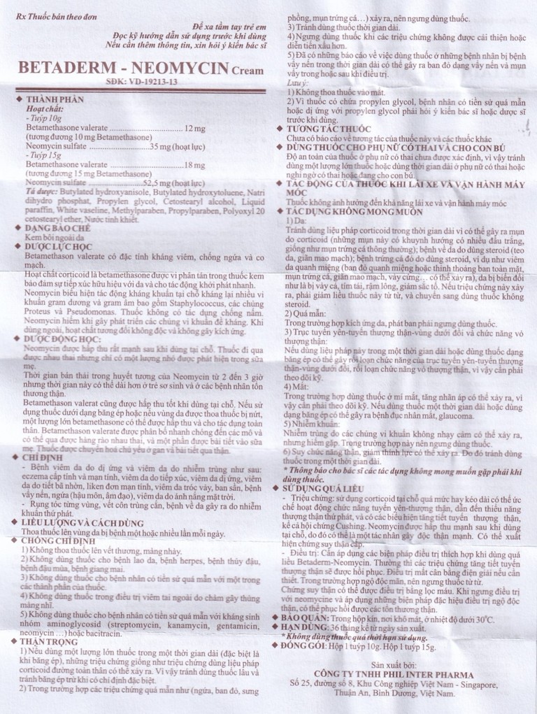 Kem bôi ngoài da Betaderm Neomycin Cream Phil điều trị các bệnh viêm da (10g)
