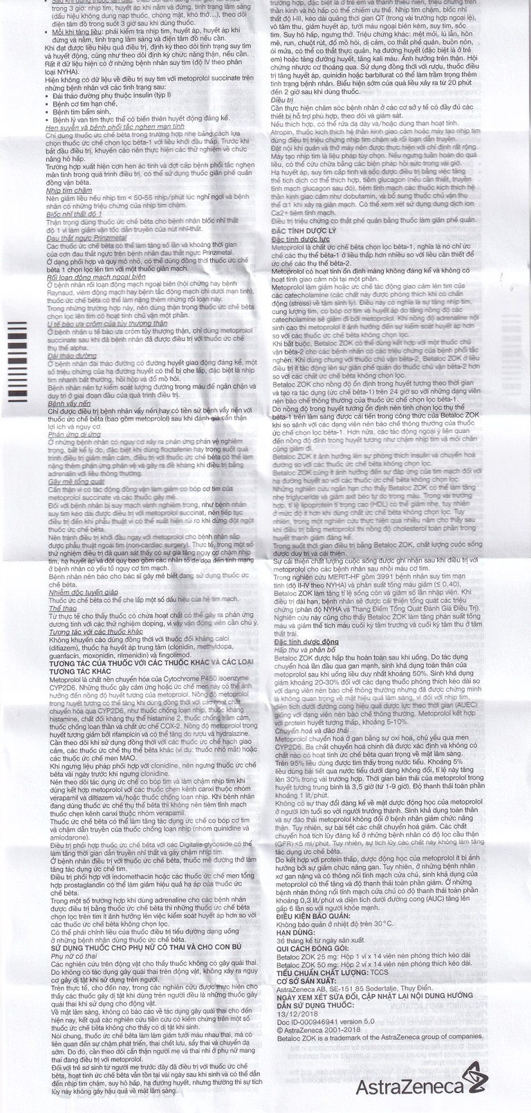 Thuốc Betaloc Zok 50mg AstraZeneca điều trị tăng huyết áp (2 vỉ x 14 viên)