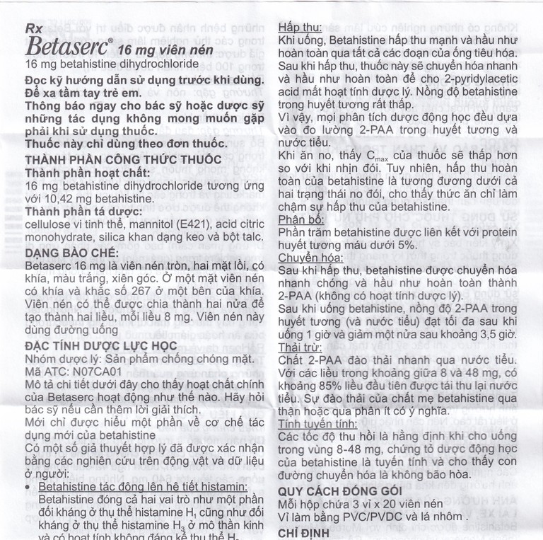 Thuốc Betaserc 16mg Abbott điều trị rối loạn tiền đình (3 vỉ x 20 viên)