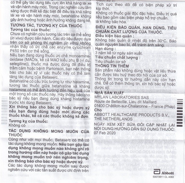 Thuốc Betaserc 16mg Abbott điều trị rối loạn tiền đình (3 vỉ x 20 viên)