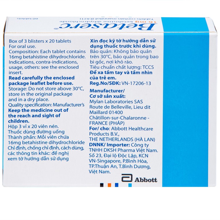 Thuốc Betaserc 16mg Abbott điều trị rối loạn tiền đình (3 vỉ x 20 viên)