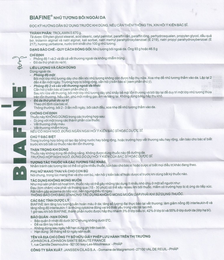 Nhũ tương Biafine Janssen điều trị bỏng độ 1, độ 2, các vết thương ngoài da không nhiễm trùng (46.5g)