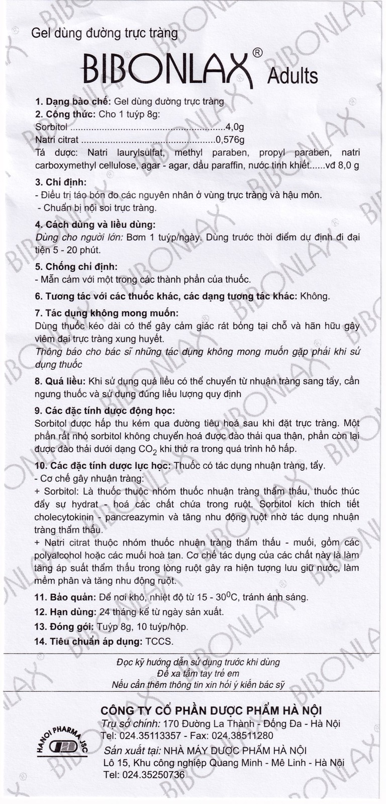 Gel dùng đường trực tràng Bibonlax Adults Hanoi Pharma điều trị táo bón (10 ống x 8g)