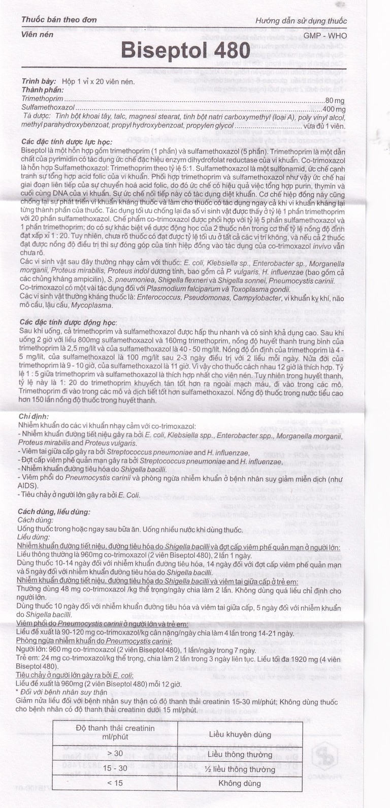 Thuốc Biseptol Pharbaco điều trị nhiễm khuẩn do các vi khuẩn nhạy cảm (1 vỉ x 20 viên)