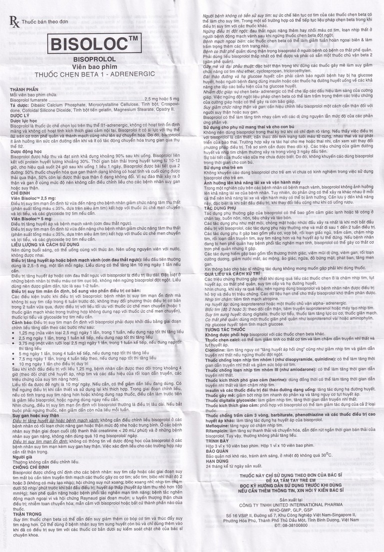 Thuốc Bisoloc United điều trị tăng huyết áp và bệnh mạch vành (3 vỉ x 10 viên)
