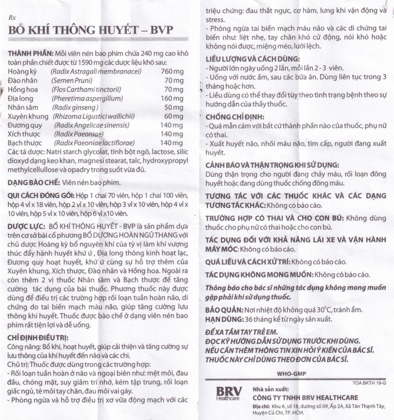 Thuốc Bổ Khí Thông Huyết BVP tăng cường lưu thông khí huyết đến não và các chi (3 vỉ x 10 viên)