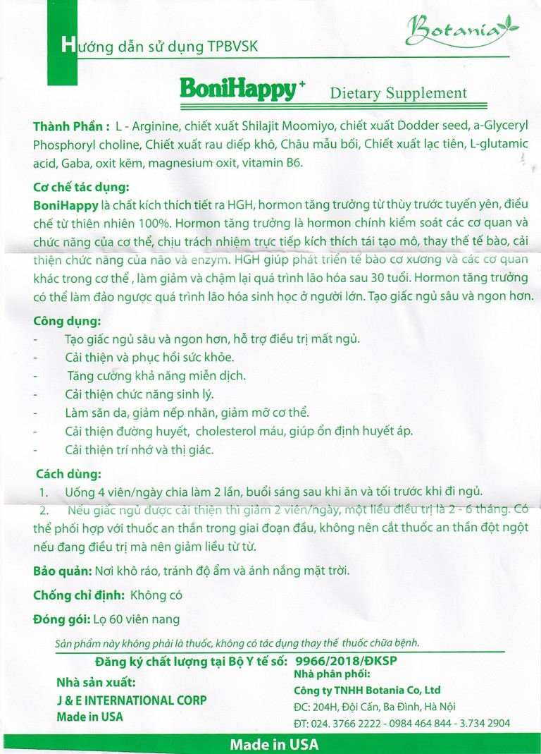 Viên uống BoniHappy Botania hỗ trợ điều trị mất ngủ, cải thiện và phục hồi sức khỏe (60 viên) 