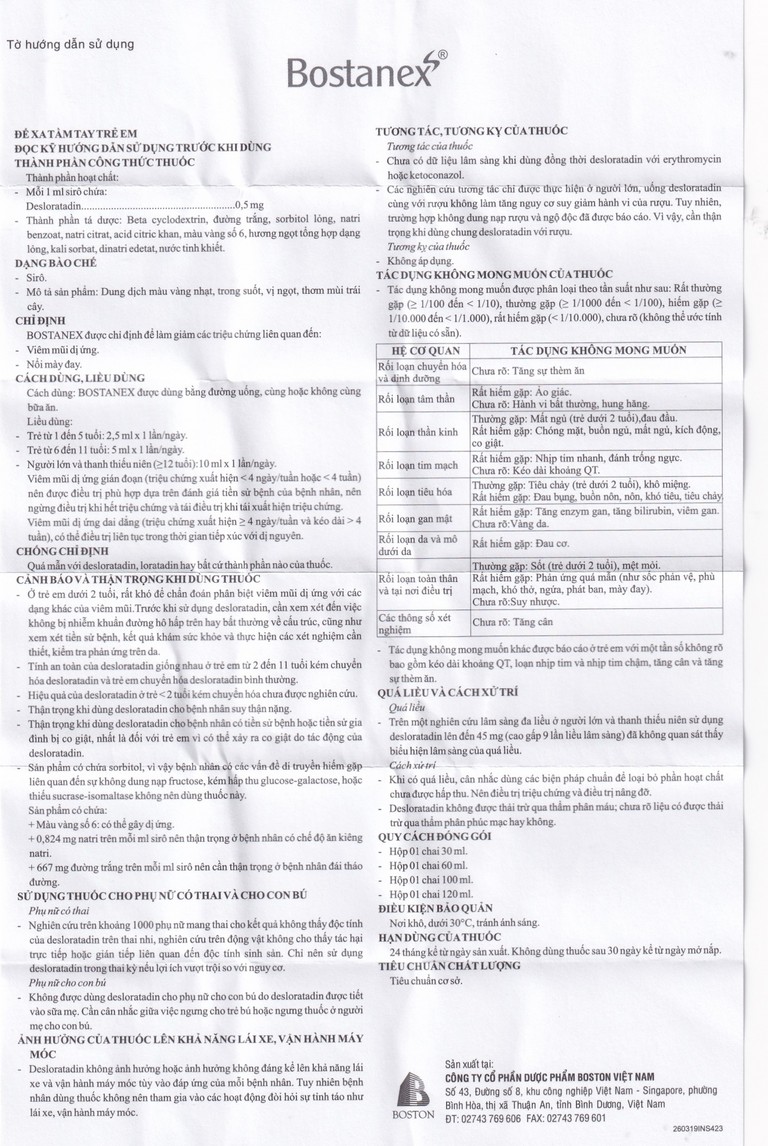 Thuốc Bostanex Boston giảm viêm mũi dị ứng, nổi mày đay (60ml)