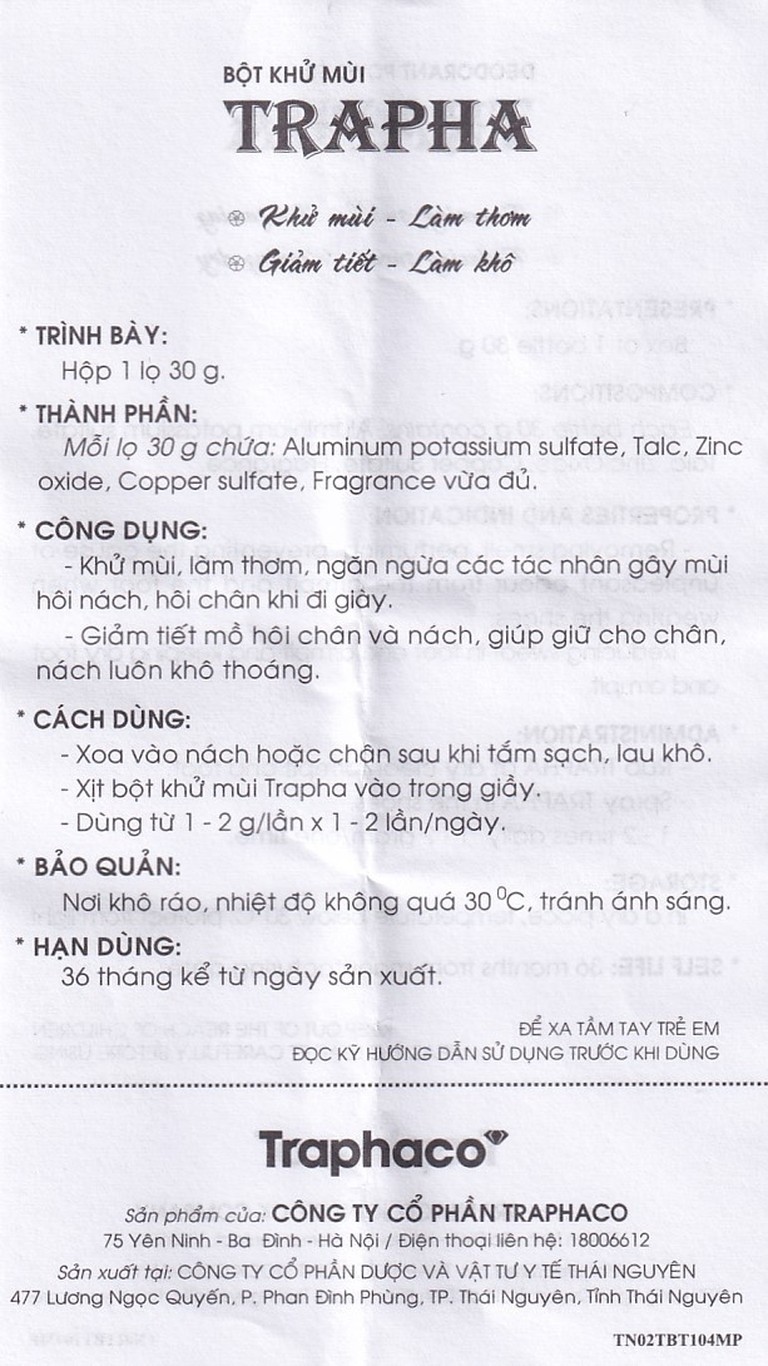 Bột Trapha khử mùi hôi chân và nách (30g)