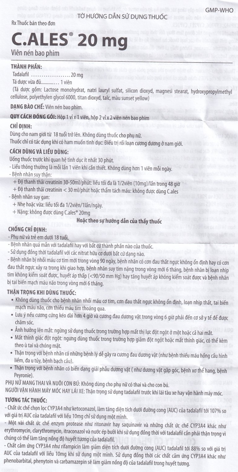 Thuốc C.ales 20mg Pharimexco điều trị rối loạn cương dương (1 viên)