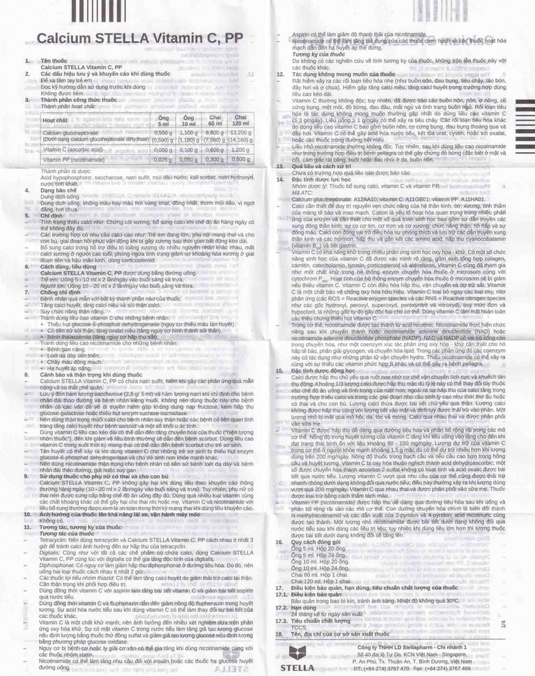 Dung dịch uống Calcium Stella Vitamin C, PP điều trị còi xương và bổ sung canxi (3 vỉ x 8 ống x 10ml)