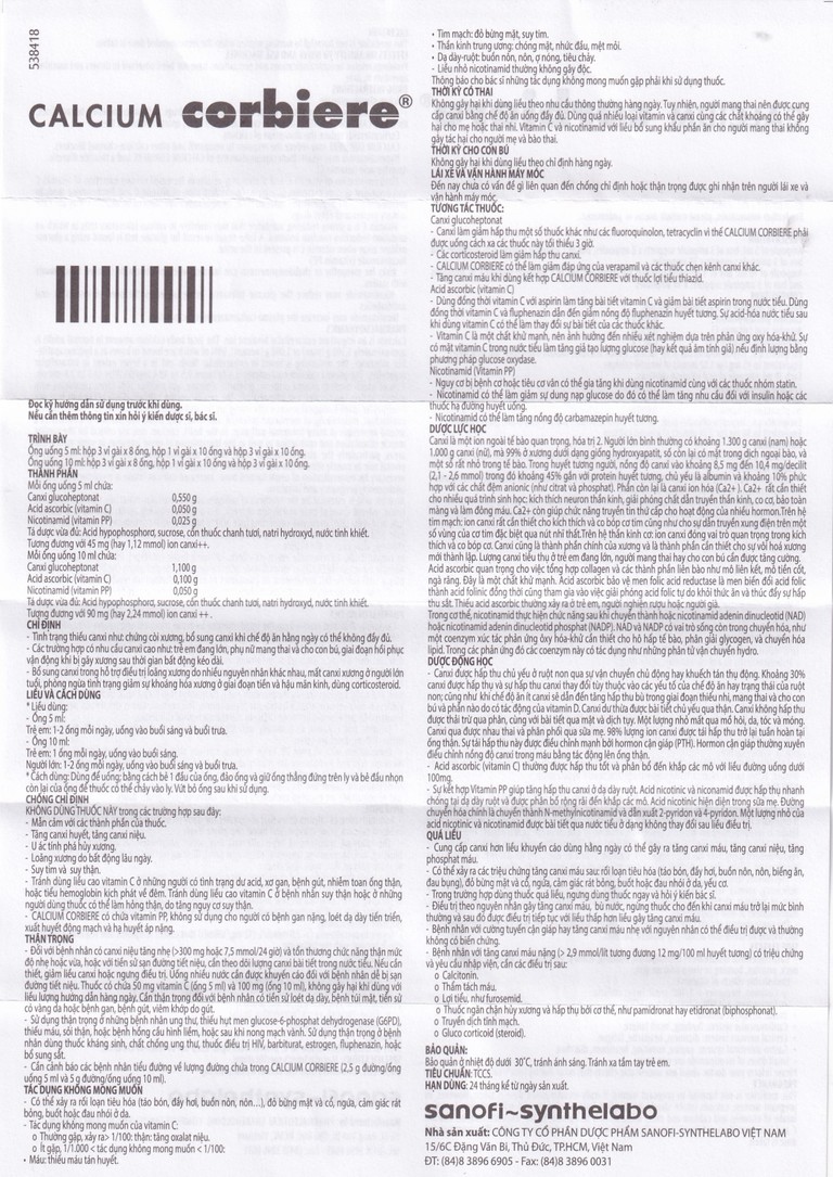 Dung dịch uống Calcium Corbière Sanofi điều trị thiếu canxi, loãng xương (3 vỉ x 10 ống x 10ml)