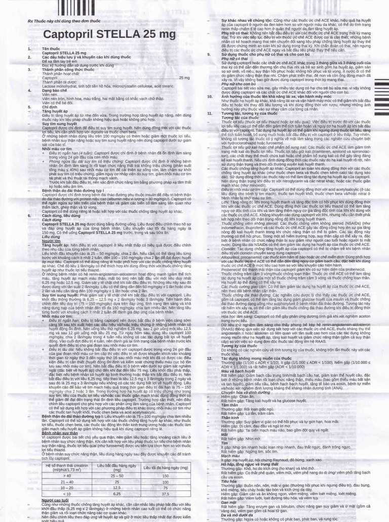 Thuốc Captopril STELLA 25 mg điều trị tăng huyết áp, suy tim sung huyết, nhồi máu cơ tim (10 vỉ x 10 viên)