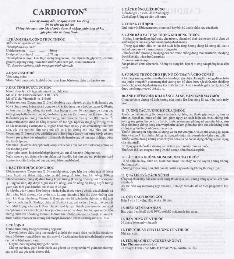 Thuốc Cardioton Lipa Pharmaceuticals điều trị suy tim, tăng huyết áp, thiếu máu cơ tim (3 vỉ x 10 viên) 
