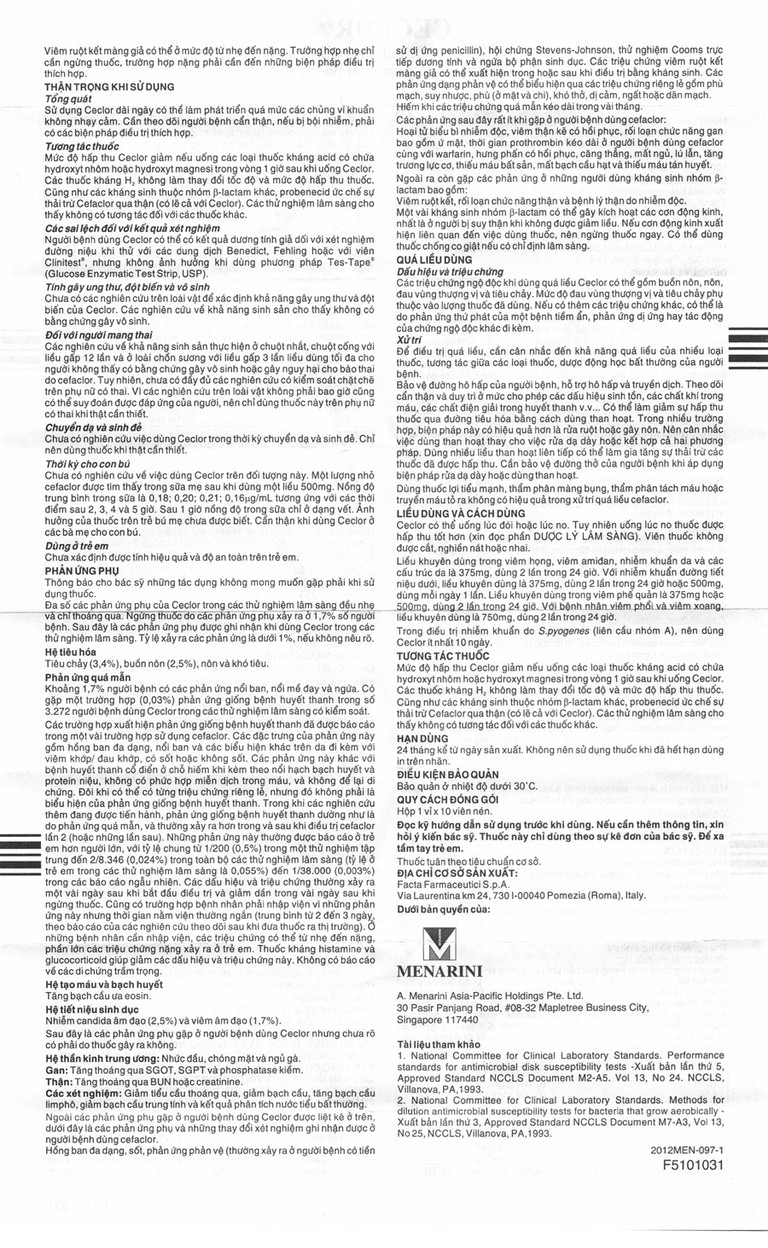 Thuốc Ceclor 375mg Menarini điều trị nhiễm khuẩn (1 vỉ x 10 viên)