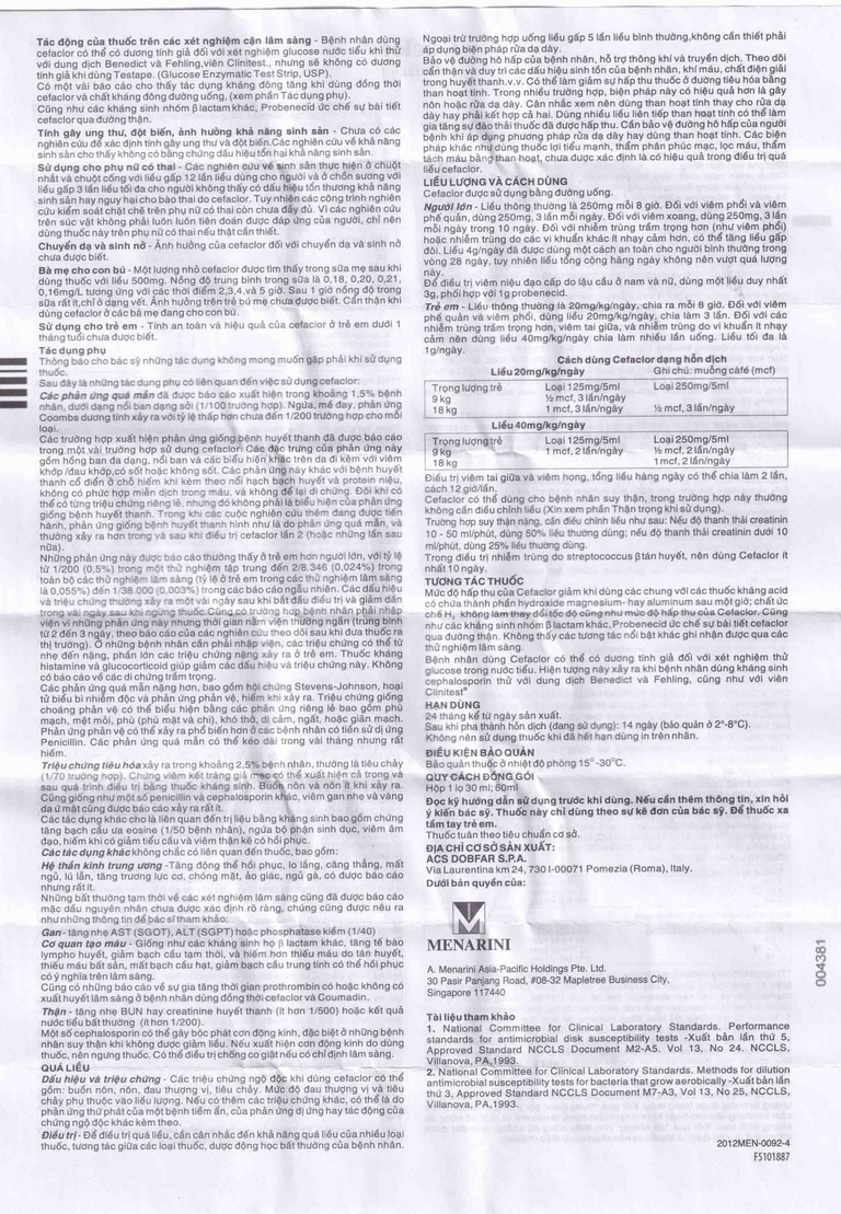 Bột pha hỗn dịch uống Ceclor 125mg Menarini điều trị nhiễm khuẩn (30ml)