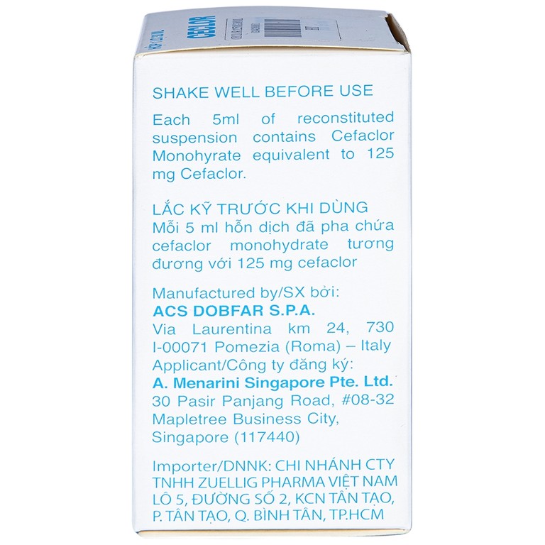 Bột pha hỗn dịch uống Ceclor 125mg Menarini điều trị nhiễm khuẩn (30ml)