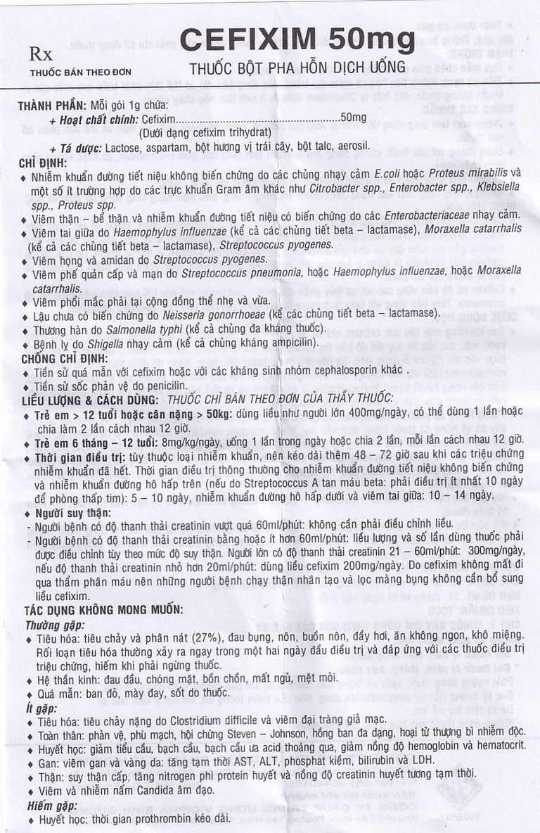 Bột pha hỗn dịch uống Cefixim 50mg Vidipha điều trị nhiễm khuẩn (10 gói)