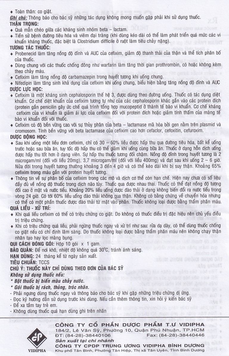 Bột pha hỗn dịch uống Cefixim 50mg Vidipha điều trị nhiễm khuẩn (10 gói)