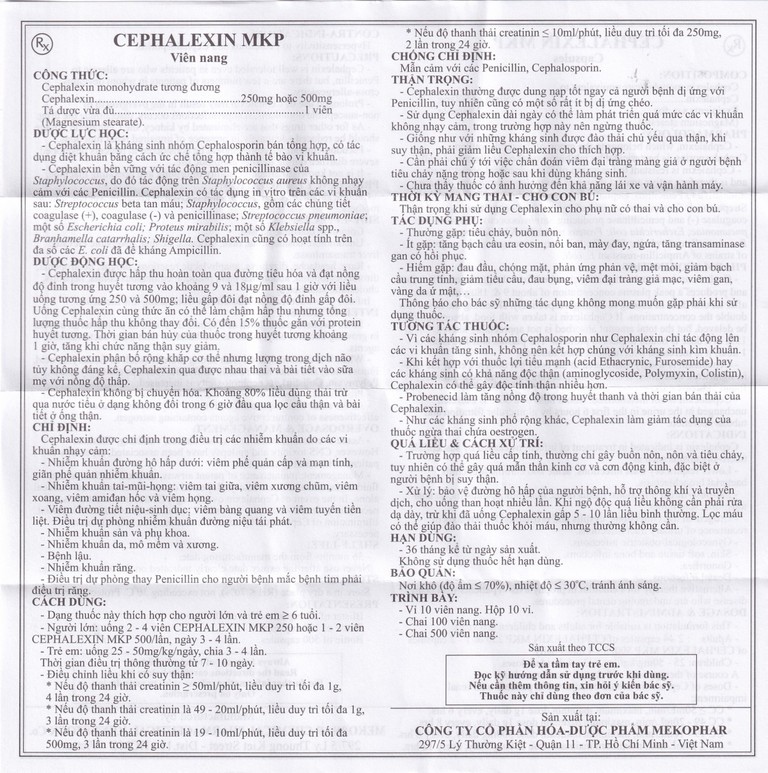 Thuốc Cephalexin MKP 500 điều trị nhiễm khuẩn (10 vỉ x 10 viên)