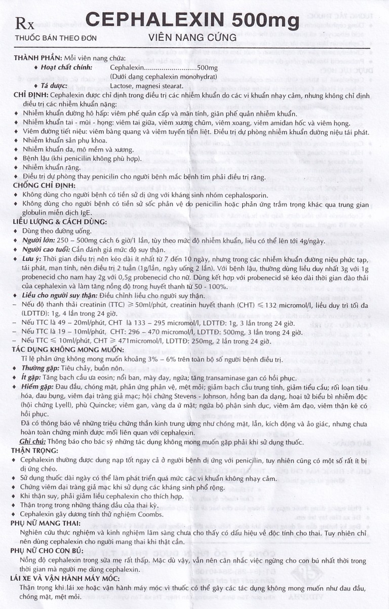 Thuốc Cephalexin 500mg Vidipha điều trị nhiễm khuẩn (10 vỉ x 10 viên)
