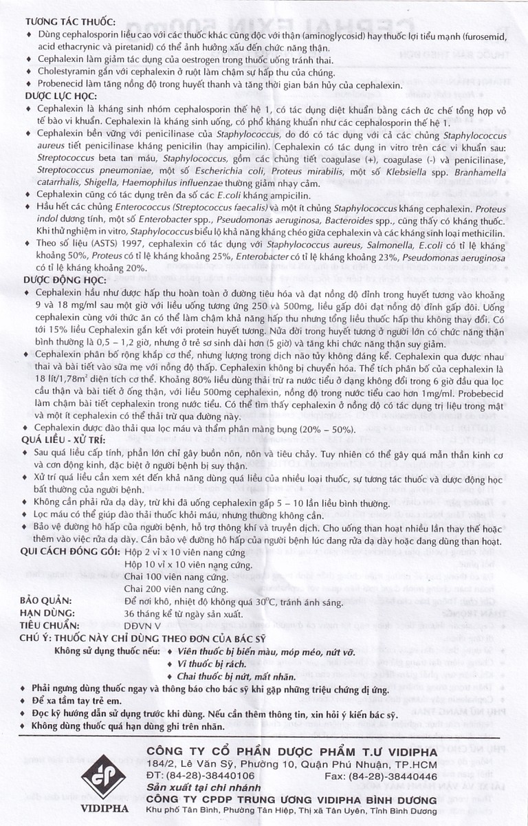 Thuốc Cephalexin 500mg Vidipha điều trị nhiễm khuẩn (10 vỉ x 10 viên)