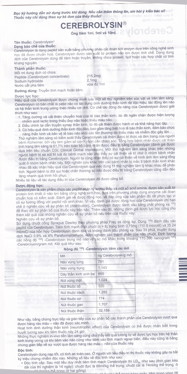 Thuốc tiêm Cerebrolysin 10ml điều trị rối loạn trí nhớ, sa sút trí tuệ (1 vỉ x 5 ống x 10ml)