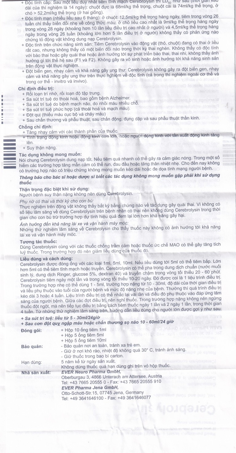 Thuốc tiêm Cerebrolysin 10ml điều trị rối loạn trí nhớ, sa sút trí tuệ (1 vỉ x 5 ống x 10ml)
