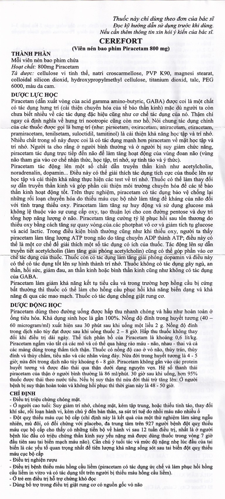 Thuốc Cerefort 800mg Unipharma điều trị chứng chóng mặt, suy giảm trí nhớ (3 vỉ x 10 viên)