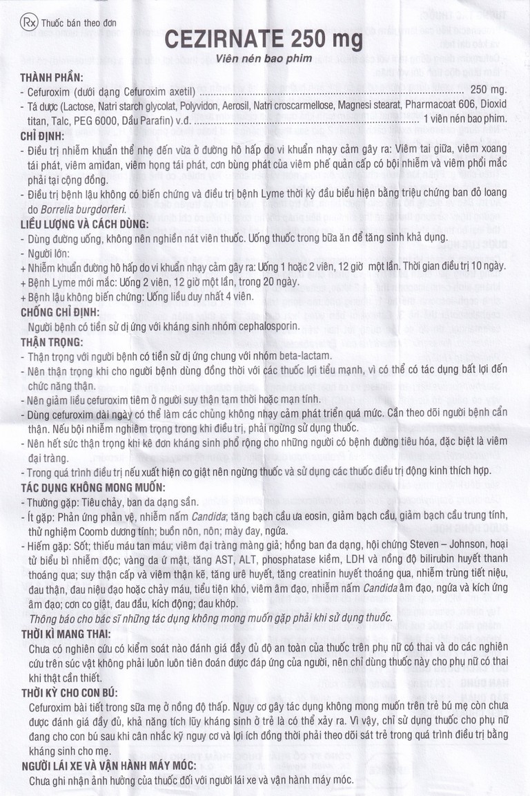 Thuốc Cezirnate 250 mg Uphace điều trị nhiễm khuẩn thể nhẹ đến vừa ở đường hô hấp (2 vỉ x 5 viên)