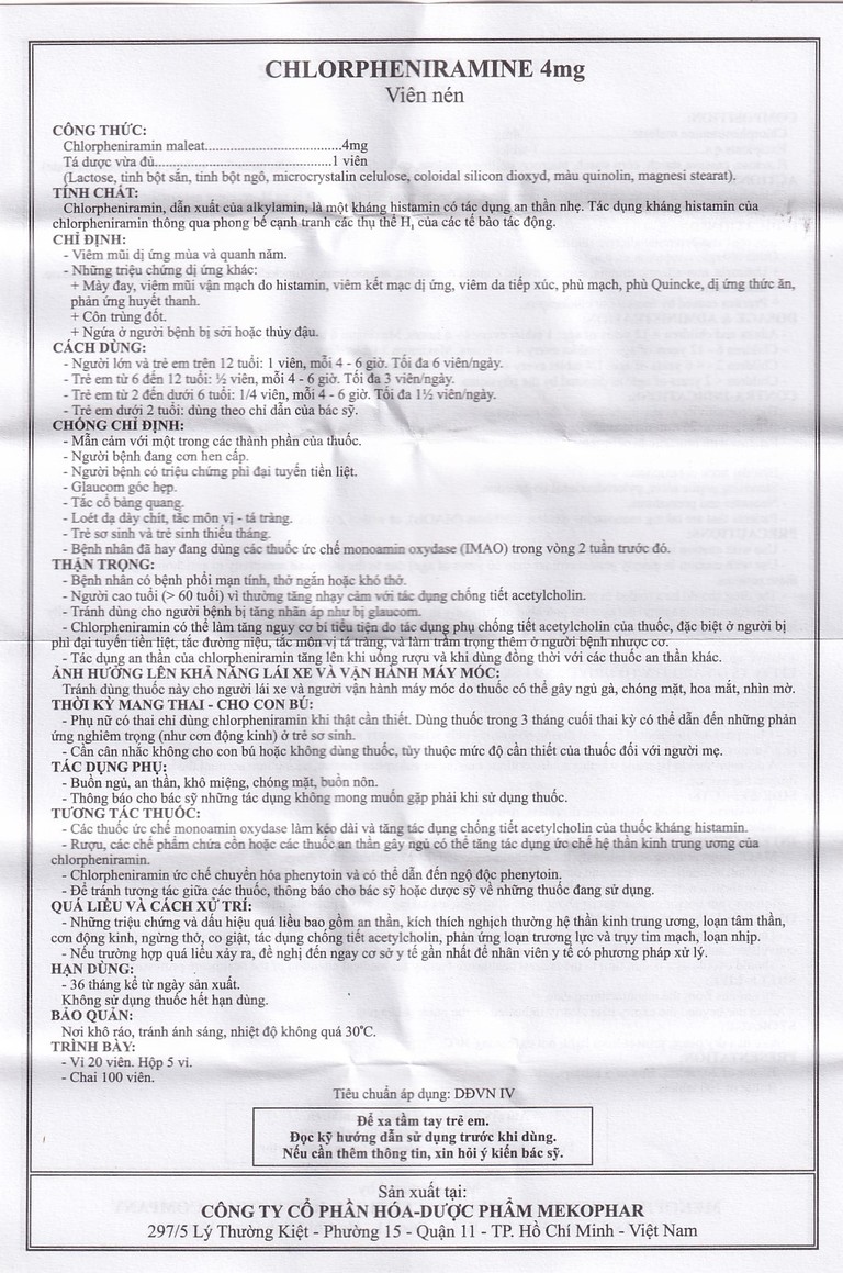 Thuốc Chlorpheniramine 4mg Mekophar điều trị viêm mũi dị ứng mùa và quanh năm (5 vỉ x 20 viên)