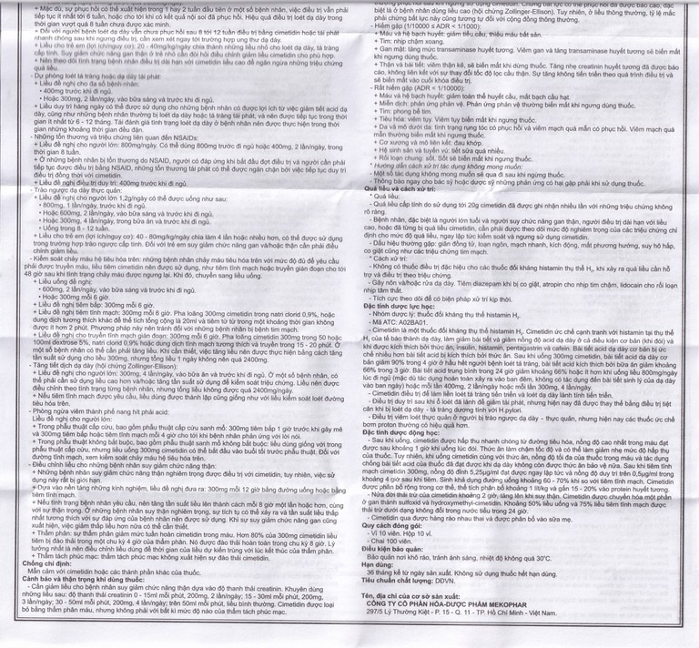 Thuốc Cimetidine MKP 300mg Mekophar điều trị ngắn hạn loét dạ dày, tá tràng tiến triển (10 vỉ x 10 viên)