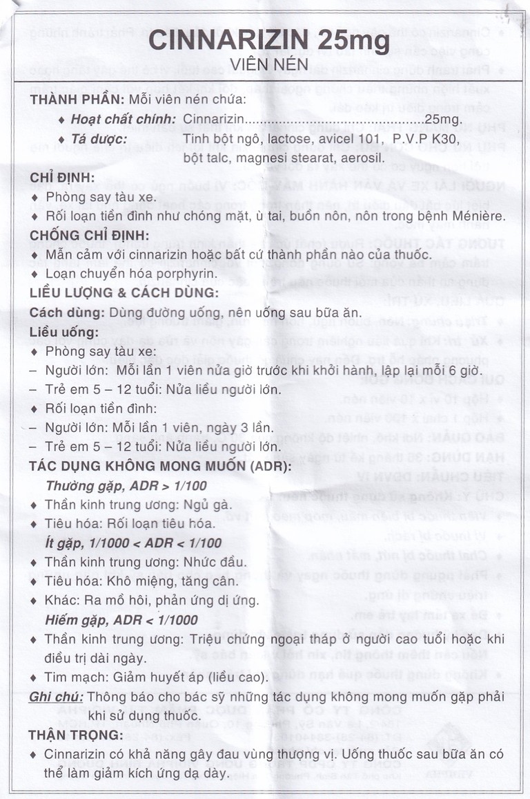 Thuốc Cinnarizin 25mg Vidipha phòng say tàu xe, rối loạn tiền đình (100 viên)