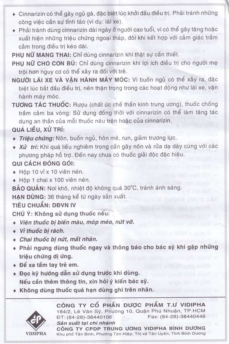 Thuốc Cinnarizin 25mg Vidipha phòng say tàu xe, rối loạn tiền đình (100 viên)